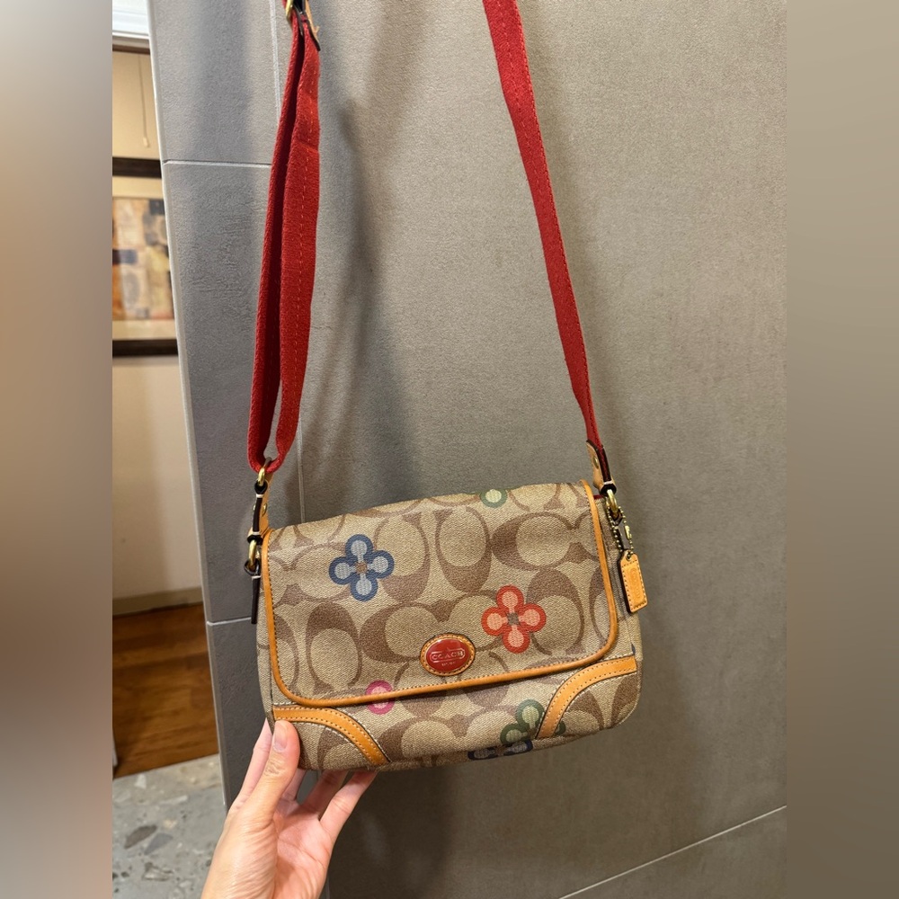 Coach Floral Pattern Crossbody Bag with Red Strap